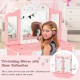 Kids pink vanity table set with tri-folding mirror, featuring star patterns and a detachable design for versatile use.