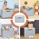 Gray kids toy storage box chest with cushion, serving as a bench and organizer for playrooms and bedrooms.