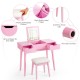Close-up of the pink makeup vanity table's groove design and high-quality metal hinges for easy drawer access and.