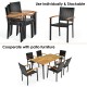 Stackable set of 4 outdoor patio wicker dining chairs with powder-coated steel frame and acacia wood armrests.