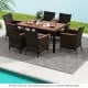 7-piece garden dining patio rattan set with acacia wood table, featuring 6 ergonomic chairs and cushions for outdoor.
