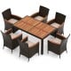 7-piece garden dining patio rattan set with acacia wood table top and cushions, perfect for backyard gatherings.