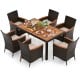 Elegant 7-piece garden dining patio rattan set with acacia wood table and cushioned chairs for outdoor enjoyment.