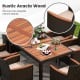 Close-up of the rustic acacia wood table top on a 7-piece garden dining patio set, showcasing natural beauty and.