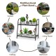 2-tier metal plant stand with a sturdy steel frame, ideal for garden or patio use, showcasing plants and decorations.