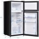 Compact black refrigerator with adjustable shelves and integrated door storage, ideal for dorms and small spaces.