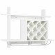 Wall-mounted wine rack organizer in white with glass holder, storing six bottles and displaying decor items.