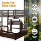 Full over full bunk bed in brown with sturdy pine wood frame, 28 slats, and guardrails for safety in compact spaces.