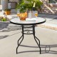 32-inch patio table showcasing a sleek black steel frame and a stylish tempered glass top, perfect for outdoor.