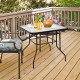 32-inch black steel square table with tempered glass top, perfect for outdoor dining and patio decor.