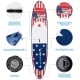 Inflatable stand up paddle board with patriotic design, non-slip EVA deck, and secure bungee tie down for versatile.