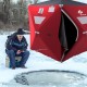 Portable 2-person ice fishing tent in red, made of 300D oxford fabric, designed for cold resistance and easy transport.