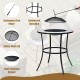Round fire pit table with mesh cover and fire poker, featuring a durable steel frame for outdoor gatherings.