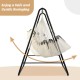 Hanging padded hammock chair with stand in beige, featuring a sturdy steel frame for safe indoor or outdoor swinging.