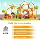 Wooden activity cube toy featuring vibrant colors, car and house patterns, designed for early education and skill.