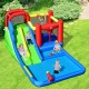 Inflatable water slide with climbing wall, basketball hoop, and ball pit for kids' outdoor summer fun.