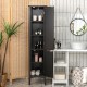 Freestanding black bathroom storage cabinet with five shelves, ideal for maximizing vertical space in small areas.