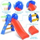 Kids plastic folding slide with basketball hoop, non-slip steps, and extended buffer zone for safe indoor play.