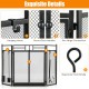 3-panel black wrought iron fireplace screen with ergonomic tool handle and hanging hooks for safety and convenience.