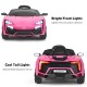 Pink 12V electric vehicle showcasing bright front lights and cool tail lights, perfect for kids' outdoor fun.