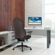 High adjustable back executive office chair in brown with ergonomic design and plump armrests for comfortable sitting.