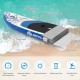 10.6-foot inflatable paddle board with non-slip deck pad, 1000 D PVC material, and adjustable paddle for water sports.