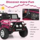Close-up of the pink 12V kids electric ride-on truck dashboard featuring music, lights, and operation lever for fun.