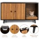 Cat litter box enclosure in brown with double doors, large tabletop, and sturdy metal legs for stability and style.