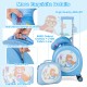 Kids 14" blue hardside spinner luggage set with adjustable handle, smooth zippers, and cozy neck pillow for travel.