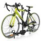 Hitch mount bike rack for 2 bikes, adjustable wheel holders, foam-padded hooks, suitable for 1-1/4" and 2" receivers.