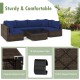 L-shaped sectional sofa set in navy with PE rattan, includes cushions and coffee table, ideal for patio or garden use.