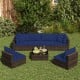 Sectional patio rattan furniture set with navy cushions, includes coffee table and four seating pieces for outdoor.