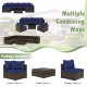 Sectional patio rattan furniture set with navy cushions, including 2 corner sofas, 4 armless sofas, and a coffee table.