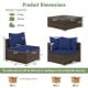 Dimensions of the 7 pieces patio rattan furniture set with navy cushions, including coffee table and sectional sofas.