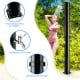 Solar-heated outdoor shower in black with 360° rotating shower head and foot tap, perfect for outdoor use.