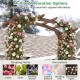 Wooden garden arch trellis for climbing plants, featuring rustic brown finish and decorative flowers for outdoor events.