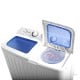 Compact twin tub washing machine with top load design and separate timer controls for wash and spin operations.