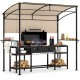 Outdoor patio BBQ canopy with metal shelves, beige polyester fabric, and built-in bottle openers for convenient cooking.