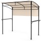 Outdoor patio BBQ canopy with beige polyester fabric, metal shelves, and bottle openers for convenient cooking prep.