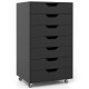 7-drawer black wooden storage dresser with lockable wheels, featuring cut-out handles and smooth metal guide rails.