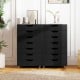 7-drawer black wooden storage dresser with lockable wheels, featuring cut-out handles and a spacious top for versatile.
