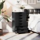 7-drawer black wooden storage dresser with lockable wheels, ideal for bedroom or office organization.