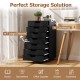 Close-up of the smooth metal guide rails on a 7-drawer black wooden storage dresser with lockable wheels for easy.