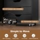 7-drawer wooden storage dresser in black with lockable wheels for easy mobility and stability in any room.