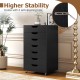 7-drawer black wooden storage dresser with lockable wheels and anti-toppling kits, ideal for office or bedroom use.