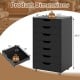 7-drawer black wooden storage dresser with lockable wheels, dimensions 34.5" high, ideal for office or bedroom.