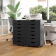 Front view of a 7-drawer black wooden storage dresser with lockable wheels, providing stylish and functional.