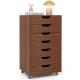 7-drawer wooden storage dresser in walnut finish with lockable wheels, ideal for office or bedroom organization.