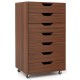 Walnut 7-drawer storage dresser with lockable wheels, featuring cut-out handles for easy access in office or bedroom.