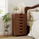 7-drawer wooden storage dresser in walnut finish with lockable wheels, ideal for bedroom or office organization.